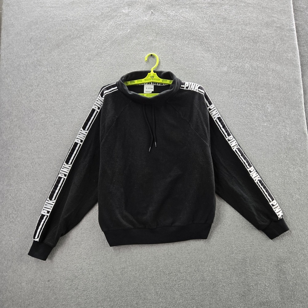PINK Victoria's Secret Women‎ Sweatshirt M Black Fleece Logo Tape Cowl Neck